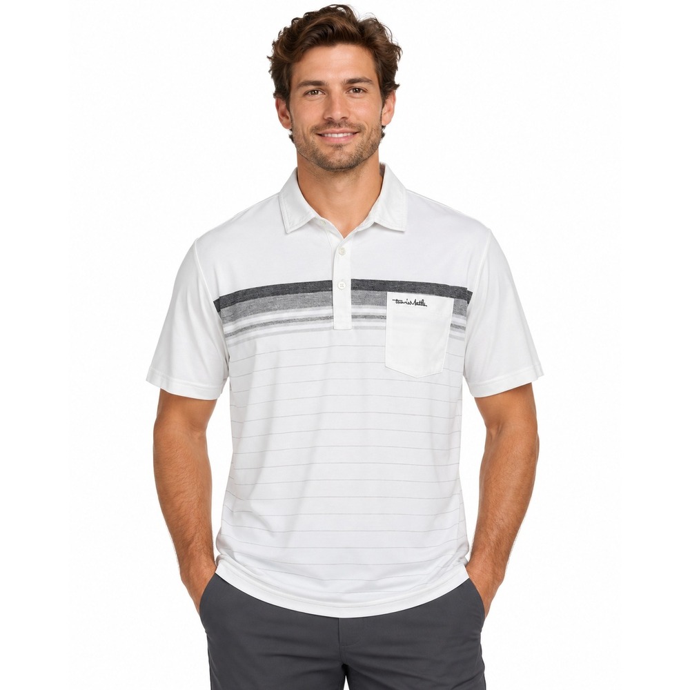 TravisMathew Mens White Striped Pima Cotton Blend Pocket Polo Shirt | Large